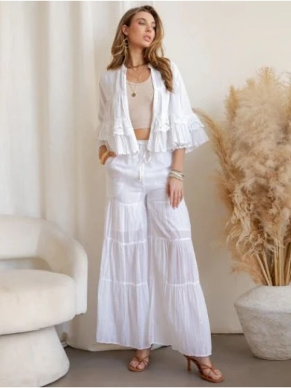 BRAND NEW WITH TAGS White Tiered Crochet Lace Shrug & High-Waist Pant Set - Picture 5 of 5